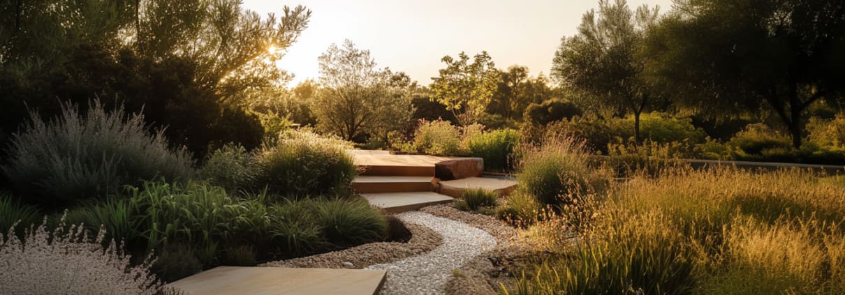 Landscape Design Brisbane A serene garden at sunset features a pebbled pathway winding through lush greenery and various types of plants. Wooden steps lead up to a raised platform. Tall trees frame the peaceful, sun-dappled landscape. Live Outdoors