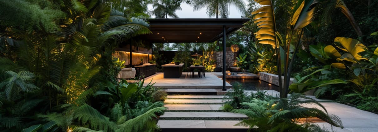 Landscape Design Brisbane A modern outdoor garden with lush green plants, ferns, and large tropical leaves. There are illuminated concrete steps leading to a covered lounging area with chairs and a table. Soft, ambient lighting enhances the serene, nighttime atmosphere. Live Outdoors