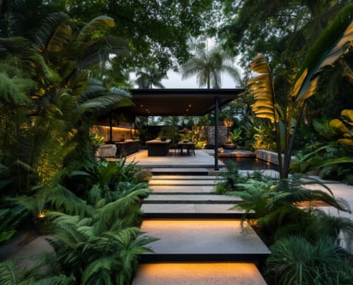 Landscape Design Brisbane A modern outdoor garden with lush green plants, ferns, and large tropical leaves. There are illuminated concrete steps leading to a covered lounging area with chairs and a table. Soft, ambient lighting enhances the serene, nighttime atmosphere. Live Outdoors