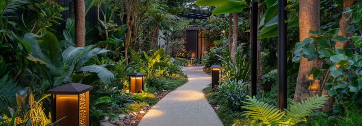 Landscape Design Brisbane A serene, well-lit garden pathway flanked by lush greenery and tropical plants. The path, illuminated by stylish lanterns, leads to a modern building entrance. Various trees and large leaves create a tranquil, natural atmosphere. Live Outdoors