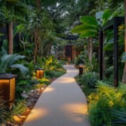 Landscape Design Brisbane A serene, well-lit garden pathway flanked by lush greenery and tropical plants. The path, illuminated by stylish lanterns, leads to a modern building entrance. Various trees and large leaves create a tranquil, natural atmosphere. Live Outdoors