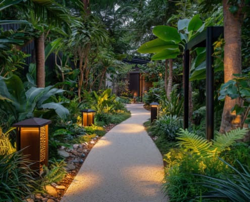 Landscape Design Brisbane A serene, well-lit garden pathway flanked by lush greenery and tropical plants. The path, illuminated by stylish lanterns, leads to a modern building entrance. Various trees and large leaves create a tranquil, natural atmosphere. Live Outdoors