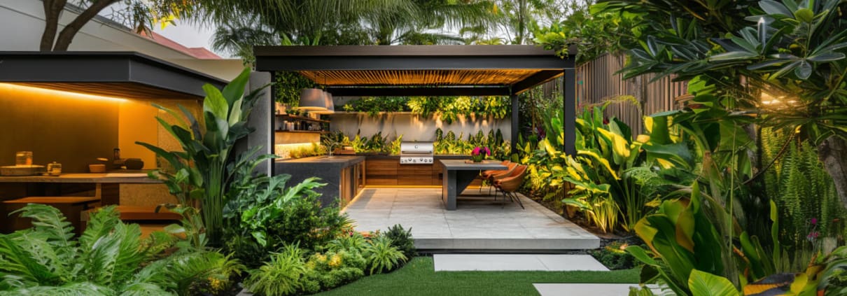 Landscape Design Brisbane A modern outdoor kitchen and dining area is set amidst lush greenery and tropical plants. The space features a sleek, dark metal pergola, a large countertop, and built-in appliances. Adjacent, there is a cozy seating nook and a well-maintained lawn area. Live Outdoors