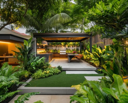 Landscape Design Brisbane A modern outdoor kitchen and dining area is set amidst lush greenery and tropical plants. The space features a sleek, dark metal pergola, a large countertop, and built-in appliances. Adjacent, there is a cozy seating nook and a well-maintained lawn area. Live Outdoors