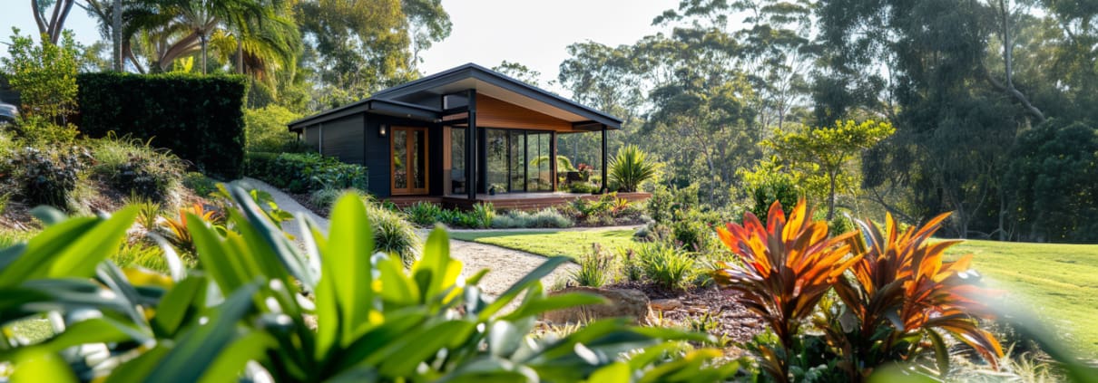 Landscape Design Brisbane A modern, single-story house with large glass windows sits atop a landscaped hill surrounded by lush greenery and tropical plants. Tall trees and vibrant bushes create a serene, natural backdrop under a bright, clear sky. Live Outdoors