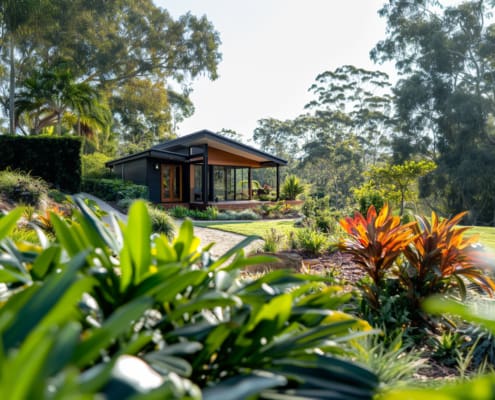 Landscape Design Brisbane A modern, single-story house with large glass windows sits atop a landscaped hill surrounded by lush greenery and tropical plants. Tall trees and vibrant bushes create a serene, natural backdrop under a bright, clear sky. Live Outdoors