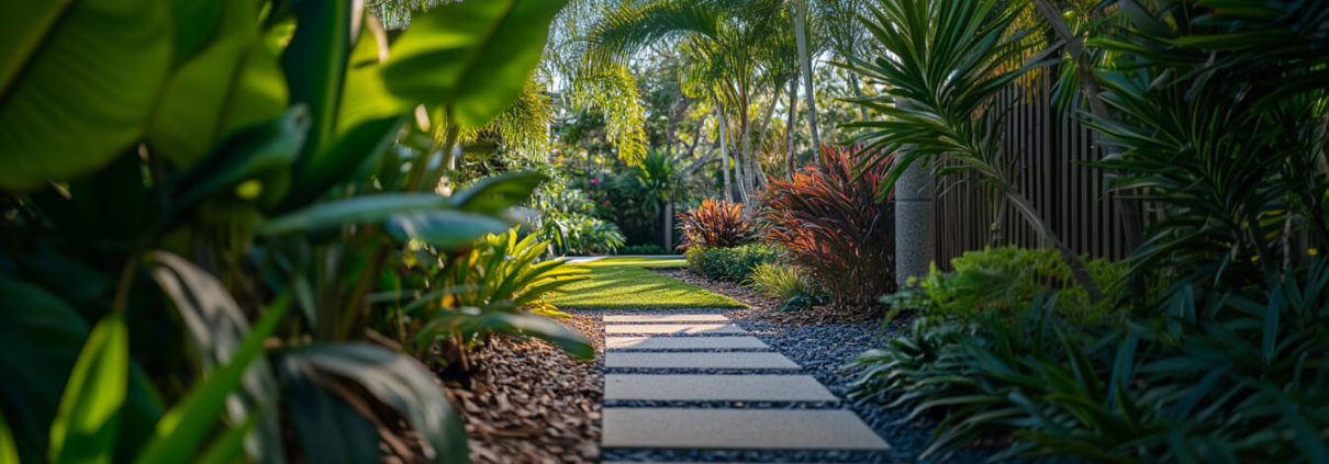 Landscape Design Brisbane A serene garden pathway features square stepping stones surrounded by lush green foliage and various tropical plants. The sun casts dappled light, creating a tranquil and inviting atmosphere along the path. Live Outdoors