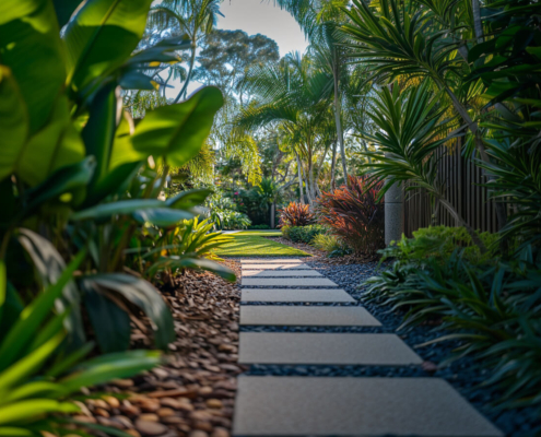 Landscape Design Brisbane A serene garden pathway features square stepping stones surrounded by lush green foliage and various tropical plants. The sun casts dappled light, creating a tranquil and inviting atmosphere along the path. Live Outdoors